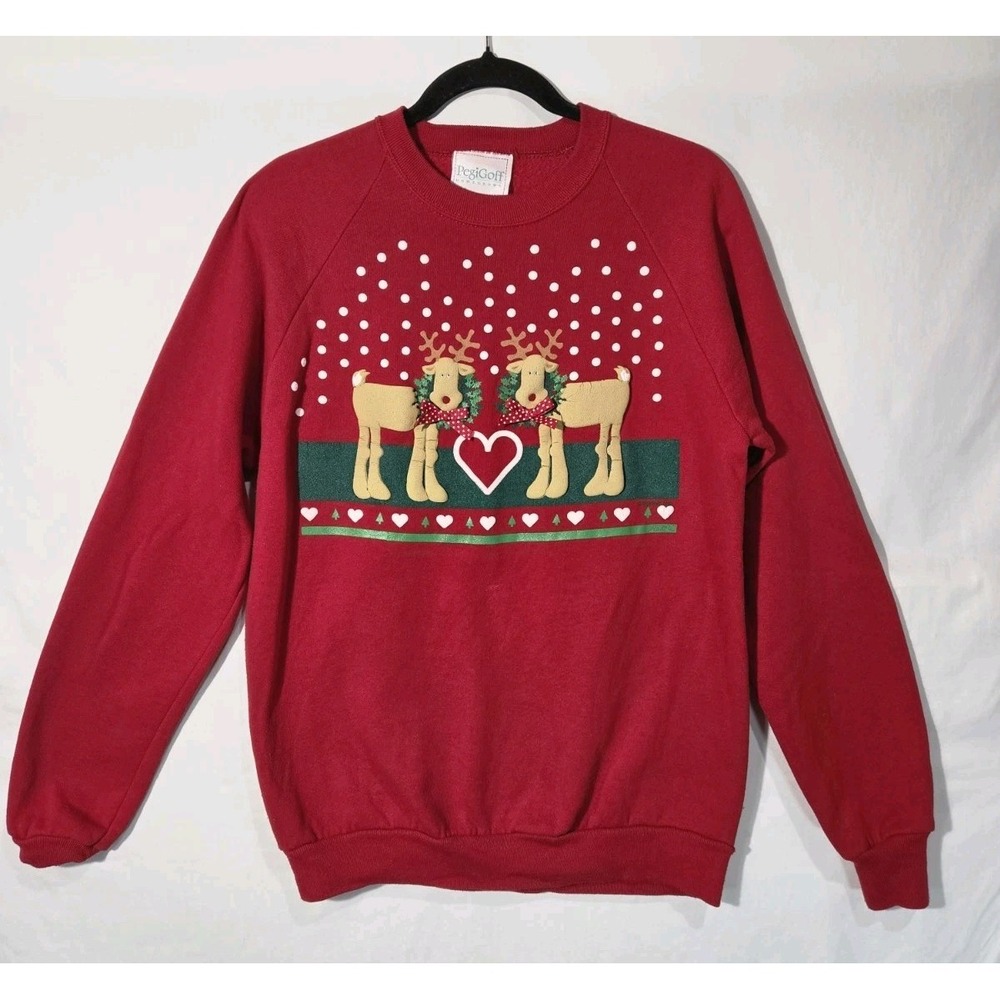 Pegi Goff Sweatshirt Womens Large Red Good Vintage Reindeer Christmas Heart Puff